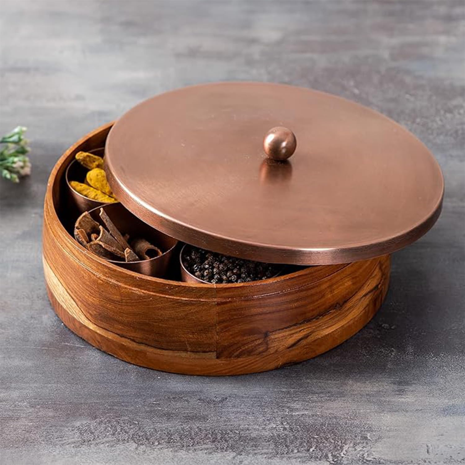 nestroots Wooden Masala Box for Kitchen | 9 Inch with 7 Small Stainless Steel Jars | Spice Container Organizer | Anjarai Petti with Copper Finish