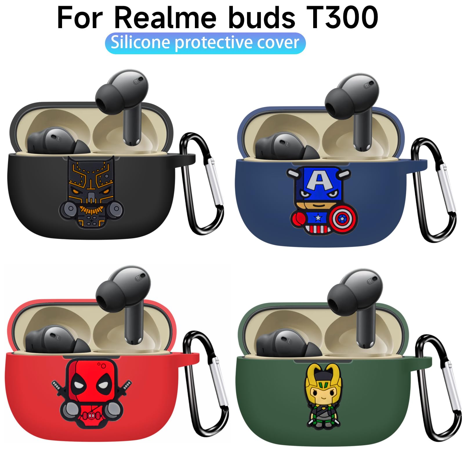 New Silicone Case Compatible with Realme Buds T310 & Realme Buds N1, Soft Silicone 360° Full Protection Dust-Proof Shockproof Case Cover with Hook (Cover Only) (Black-Panther) — Amazon image 4