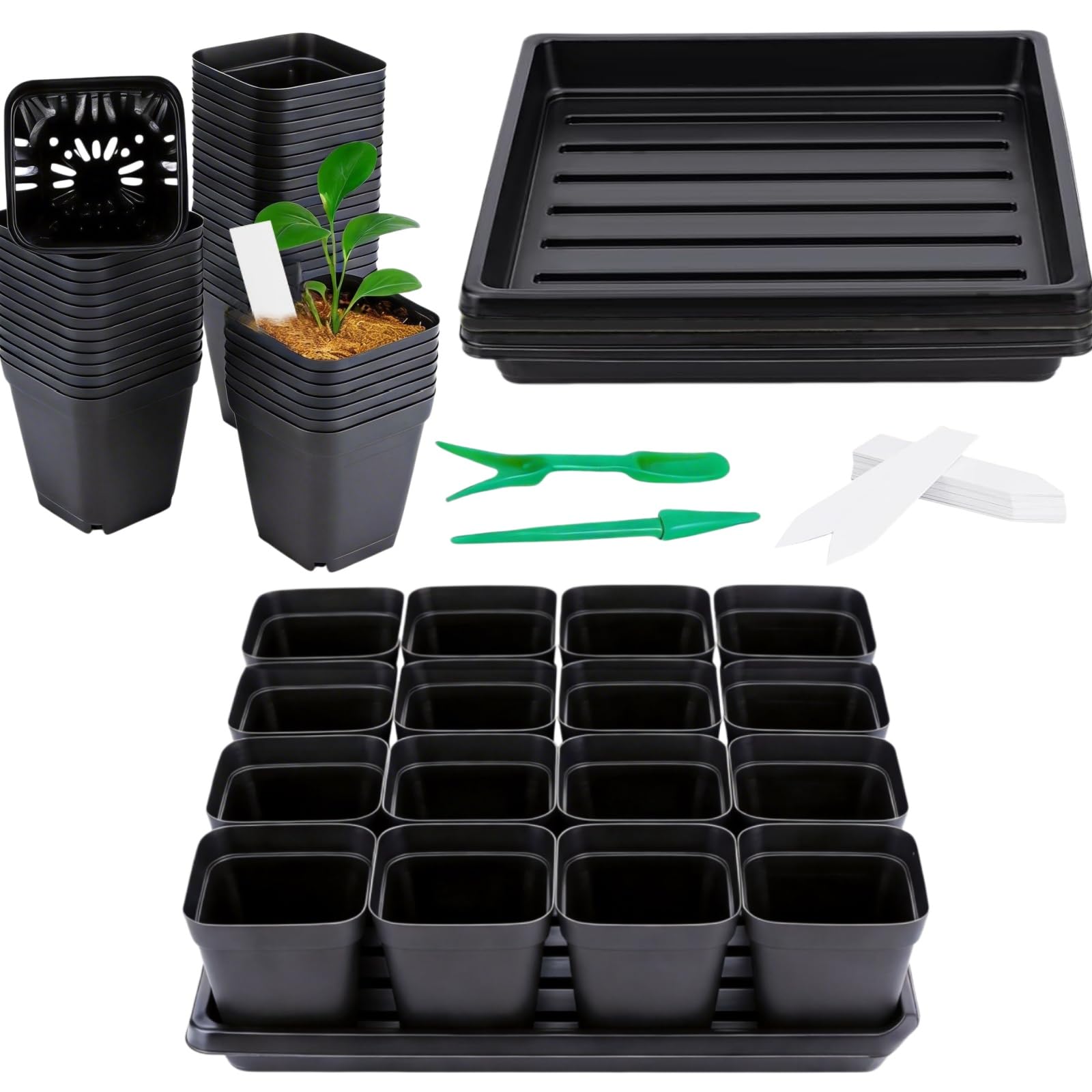 2.7 inch Square Nursery Pots 80 Pcs with 5 Pcs Plastic Seed Starting Trays, Reusable Plant Propagation Starter Kit Square Seed Starting Pots with Drain Holes - 1