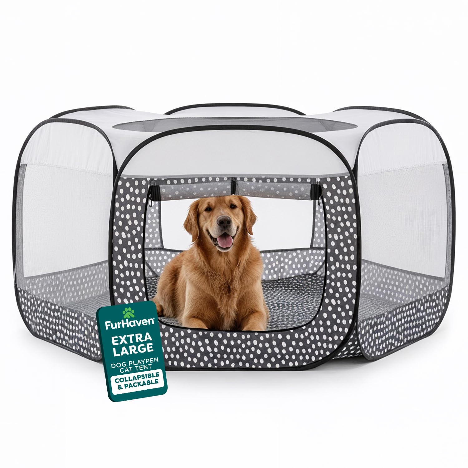 Furhaven Portable Dog Playpen Cat Tent, Pet Playground/Kennel Foldable Indoor Outdoor Zippered Puppy Crate - Gray Pebbles, Extra Large — image 1