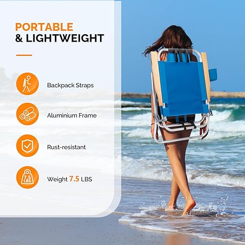 Miniatura 4 de VINGLI Silla de playa de aluminio de 13 pulgadas, sillas de playa altas para adultos, portátil con correas ajustables, reclinable de 3 posiciones,