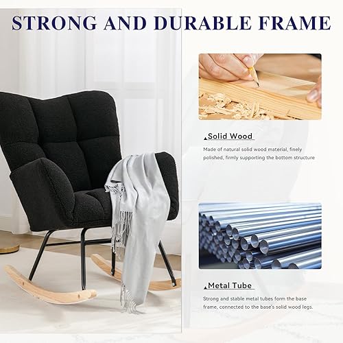 Miniatura 3 de FOXHUNTER Mecedora para guardería, silla decorativa tapizada de terciopelo, cómoda silla de lectura, sillón mecedor con respaldo alto para