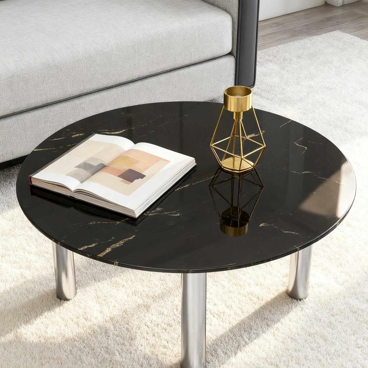 24 Inch Round Black Marble Glass Table Top, 8mm Thick Tempered Glass Tabletop for Dining Tables, Coffee Tables, Patio Tables