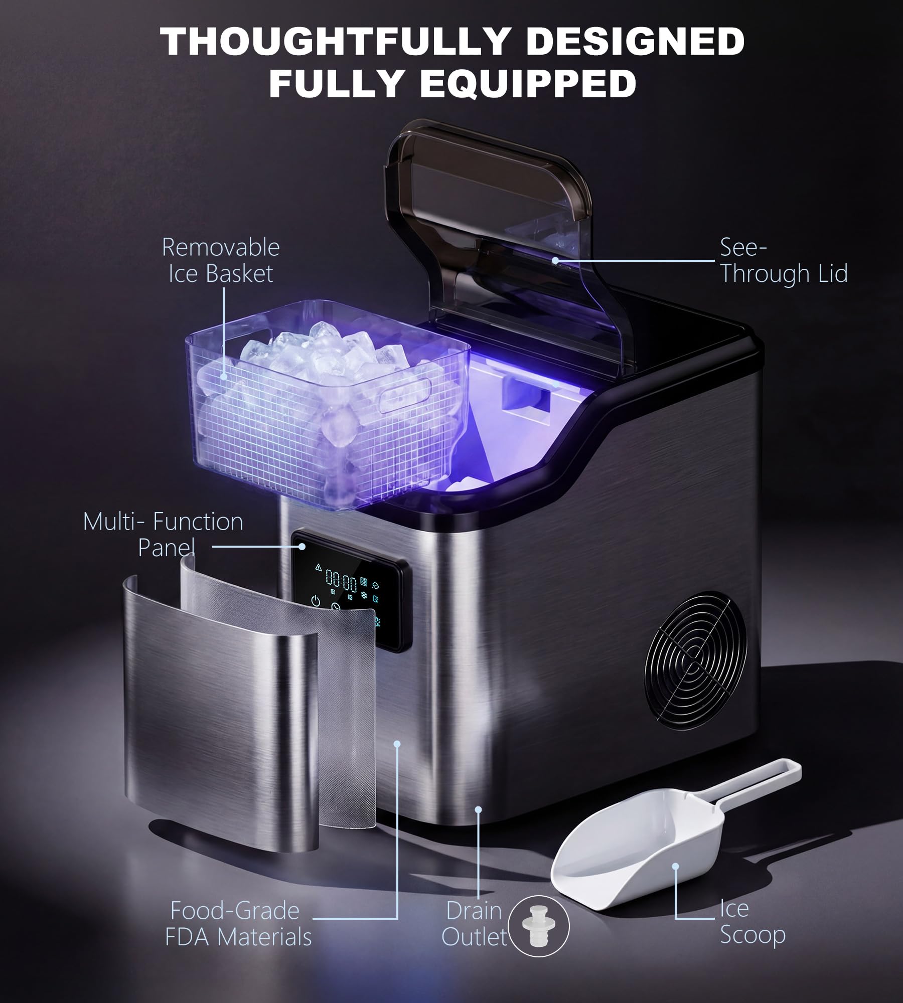 Nugget Ice Makers Countertop,Portable Pebble Ice Machine with Crushed Ice,45lbs/Day Soft Pellet Ice Maker Stainless with 24H Timer, Self-Cleaning Chewable Sonic Ice for Home,Kitchen,Office — view 8