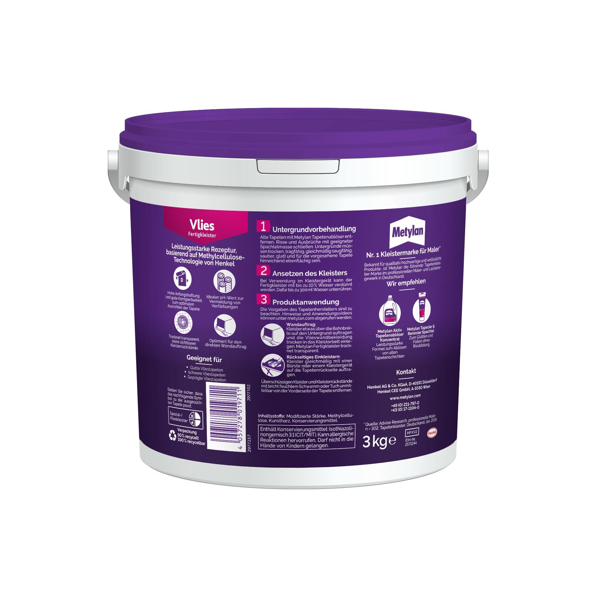 Metylan Colle prête à l'emploi pour papier peint intissé, résistante à l'humidité, colle pour papier peint facile, 1 x 3 kg