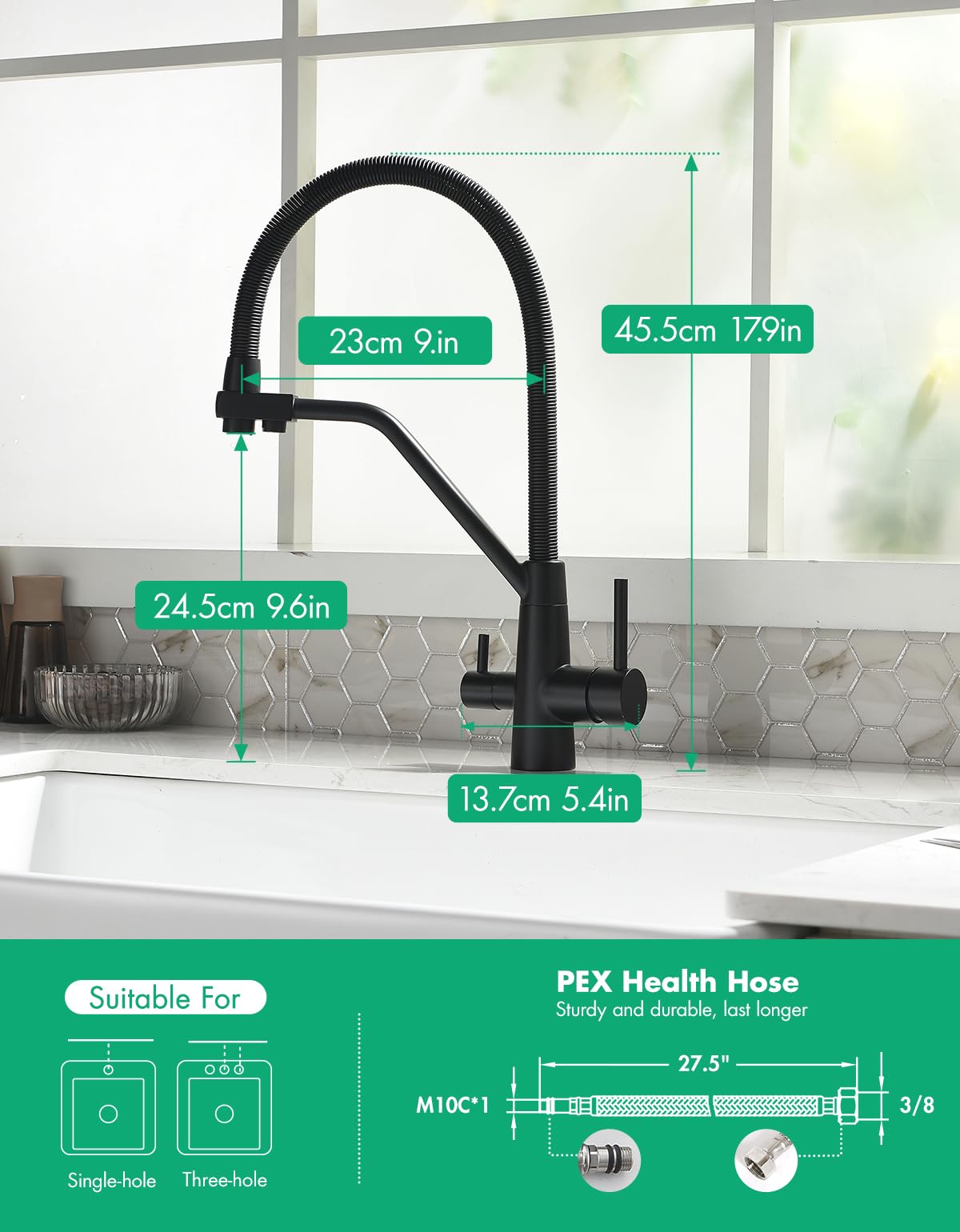 TIMACO - Rubinetto da cucina nero a 3 vie, girevole a 360°, con rubinetto 3 in 1 per filtro dell'acqua, con molla a spirale, con doppia leva, ad alta pressione