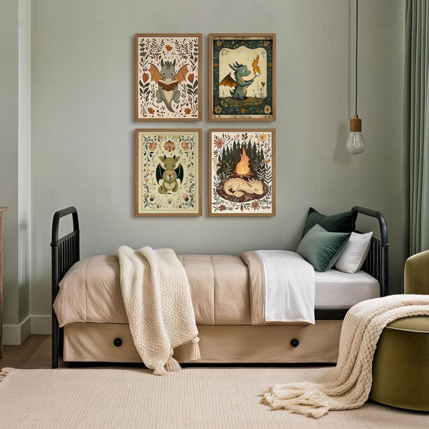 Vintage Nursery Dragon Wall Art Baby Boy Room Canvas Wall Decor Whimsical Dinosaur Flower Poster Nursery Cute Dragon Pictures Fantasy Prints Painting for Girls Bedroom Kids Room 8x10 Inch Framed 4Pcs