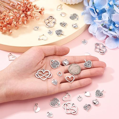 Miniatura 5 de Pandahall - 100 dijes de aleación de estilo tibetano, dijes de corazón de plata antigua, dijes de corazón dulce para manualidades, aretes, pulseras,