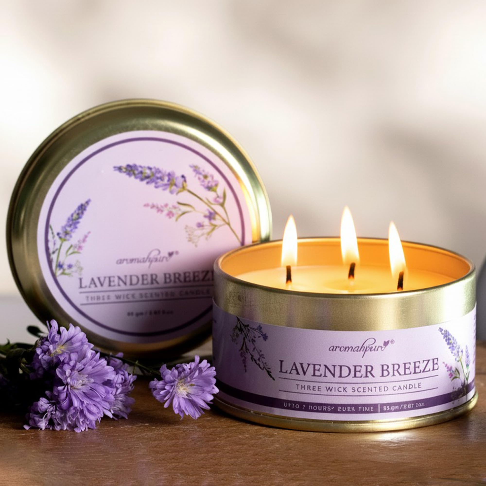 Aromahpure Lavender 3 Wick Candle in Container with Lid | 85g | Burn Time 7 Hours | Scented Candle | Relaxing Aromatherapy Candles for Home Décor, Gifting, Bedroom & Spa