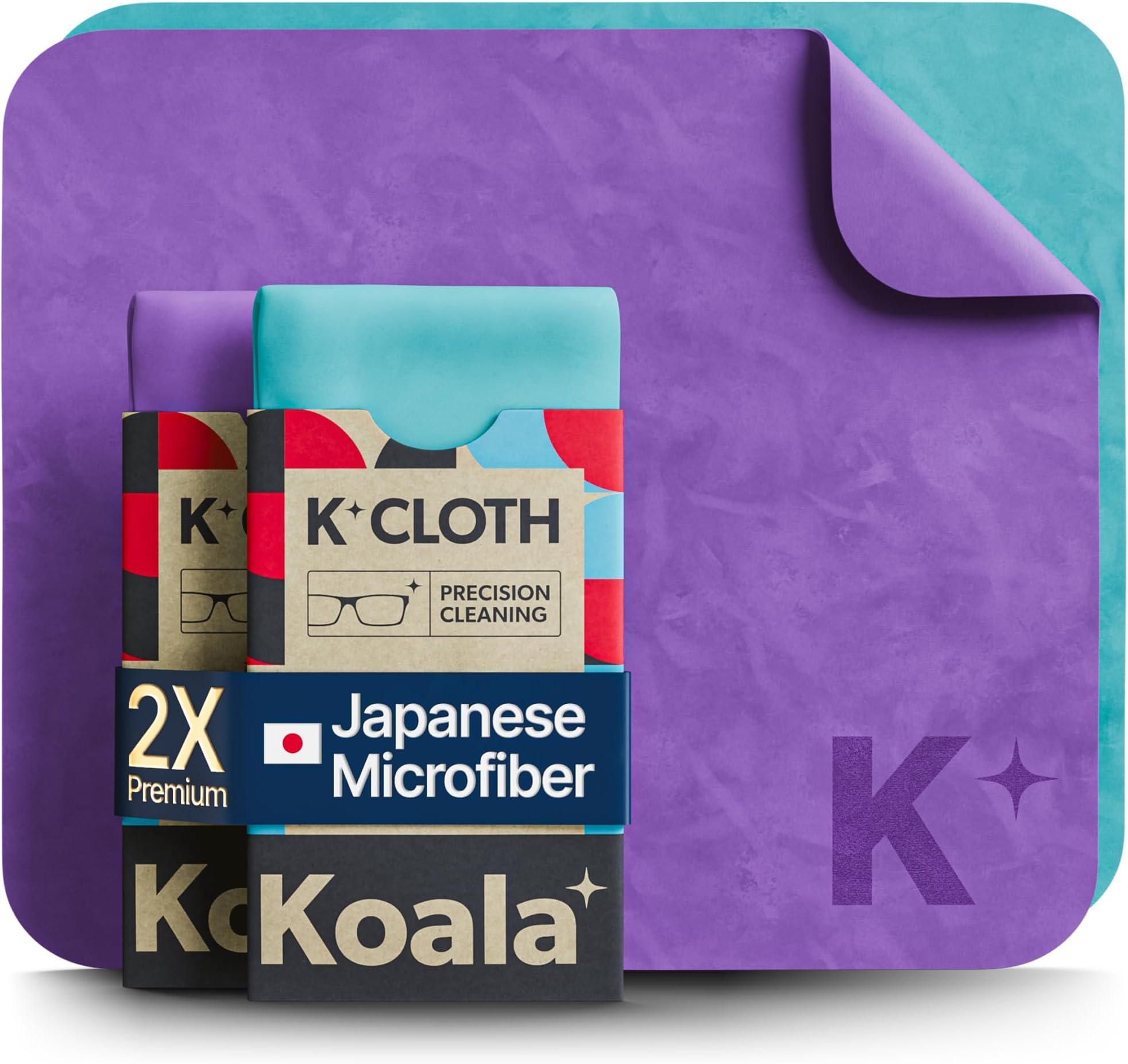 Koala Lens Cleaning Cloth | Japanese Microfiber | Glasses Cleaning Cloths | Eyeglass Lens Cleaner | Eyeglasses, Camera, VR/AR Headset, and Screen Cleaner | Blue & Purple (Pack of 2)