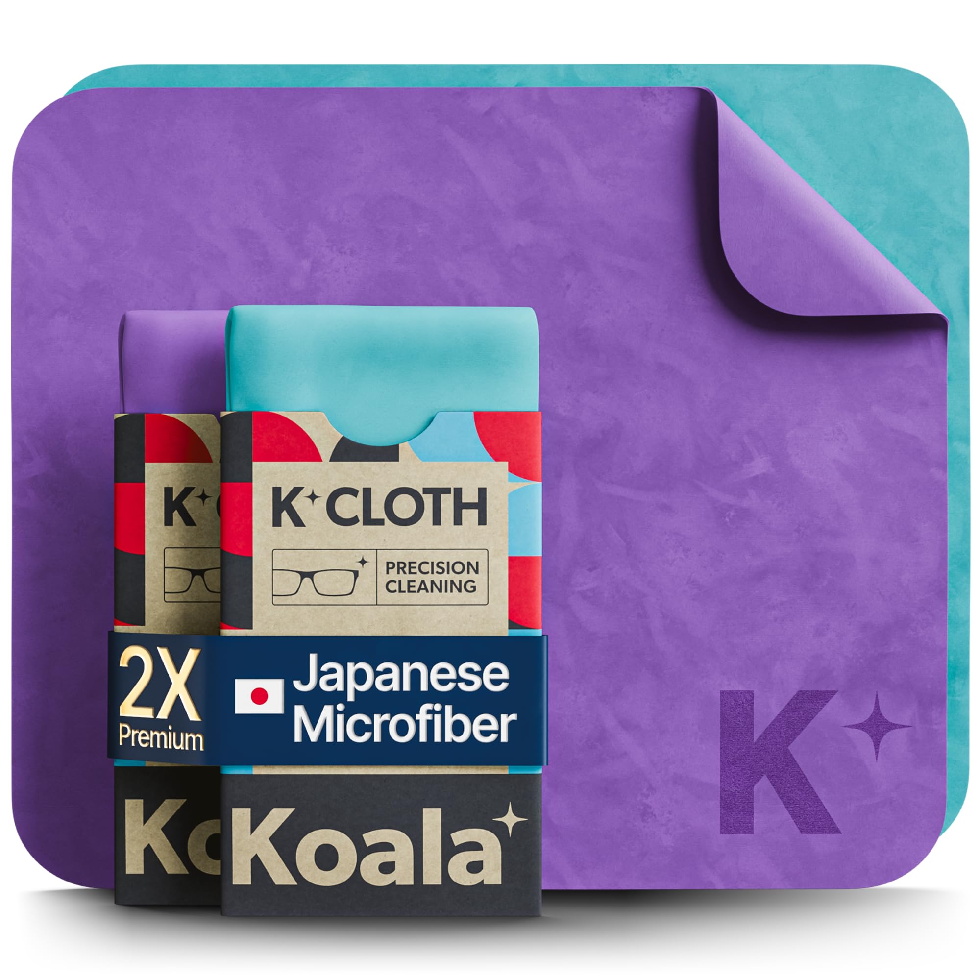 Koala Lens Cleaning Cloth | Japanese Microfiber | Glasses Cleaning Cloths | Eyeglass Lens Cleaner | Eyeglasses, Camera, VR/AR Headset, and Screen Cleaner | Blue & Purple (Pack of 2)