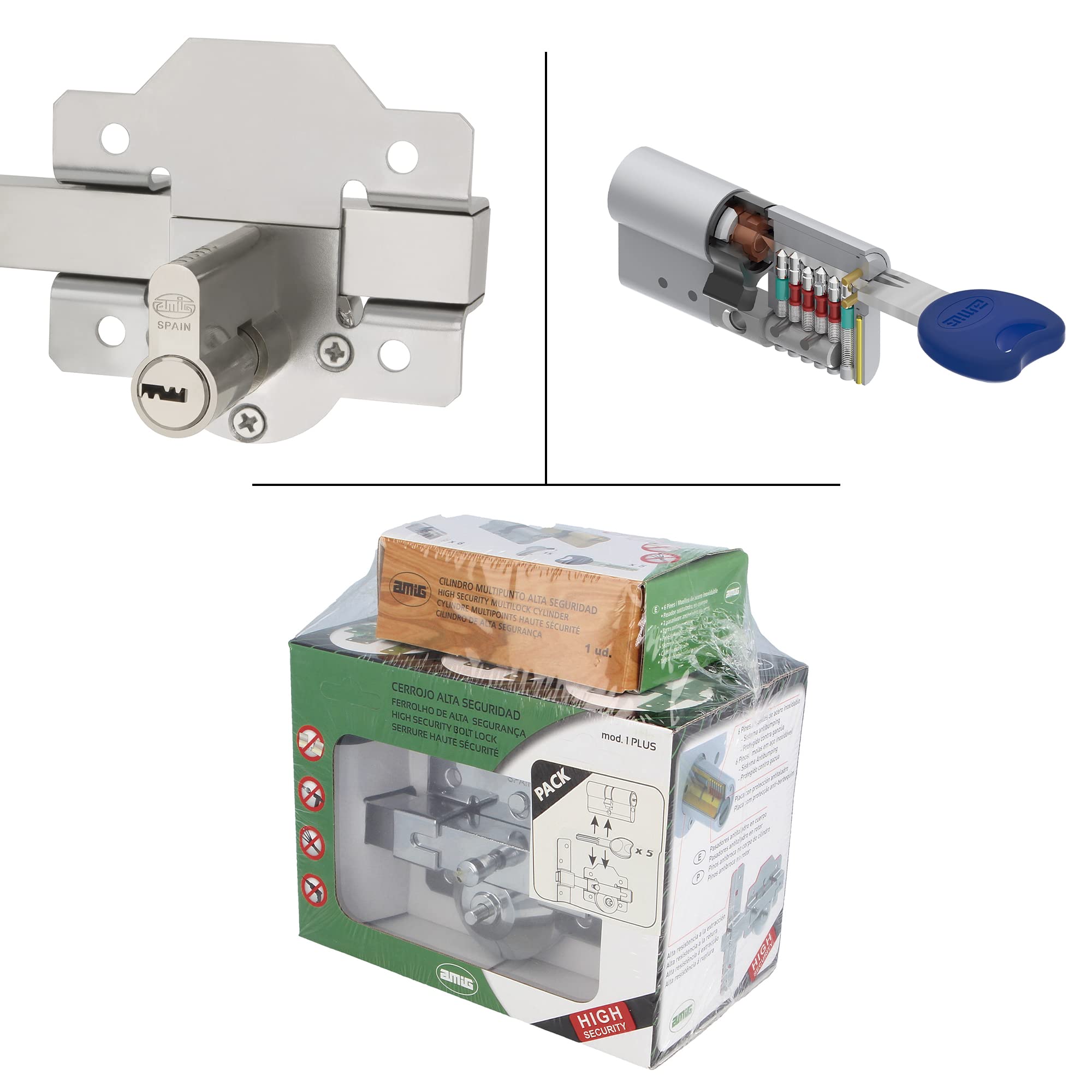 Amig - Pack de Seguridad Cerrojo de Acero y Cilindro de Latón Igualado para Puertas de Madera - Mod. 1PLUS - ø 62 mm (31-31) - Aumenta la Seguridad de tu Hogar - Acero Plateado