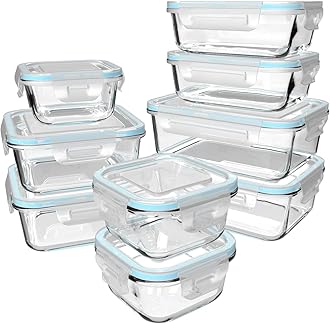 - 18 Piece Glass Food Storage Containers with Lids, Glass Meal Prep Containers, food storage Containers for Food Storage, BPA Free & Leak Proof (9 lids & 9 Containers)