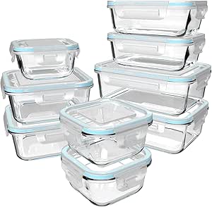 18 Piece Glass Food Storage Containers with Lids, Glass Meal Prep Containers, food storage Containers for Food Storage with Lids, BPA Free & Leak Proof (9 lids & 9 Containers)