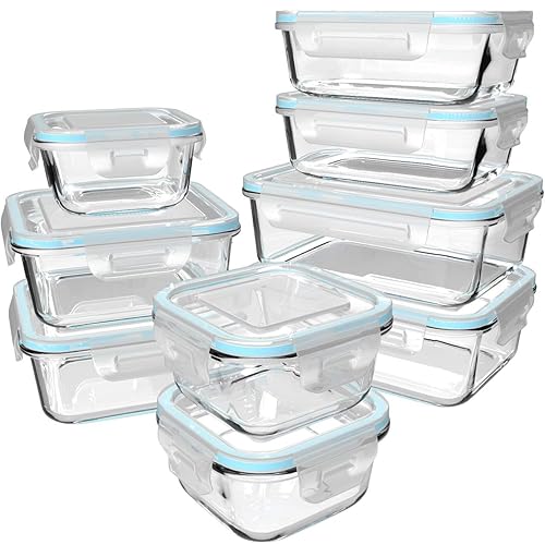 S SALIENT 18 Piece Glass Food Storage Containers with Lids, Glass Meal Prep Containers, food storage Containers for Food Storage, BPA Free & Leak Proof (9 lids & 9 Containers) - Blue