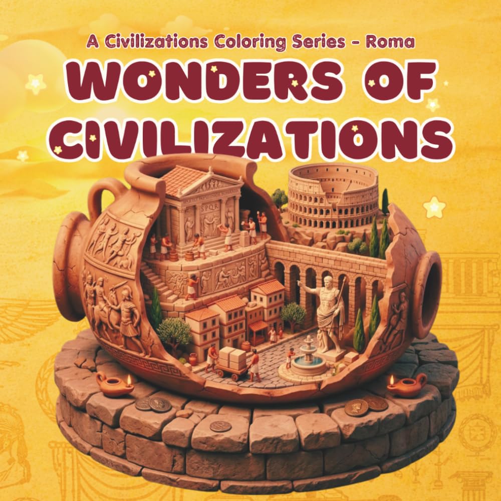 Wonders of Civilizations: Cozy Roman Life Coloring Book for Adults and Teens Featuring: Charming Historical Scenes: Delightful Citizens, Rustic Markets, and Relaxing Architecture for Stress Relief