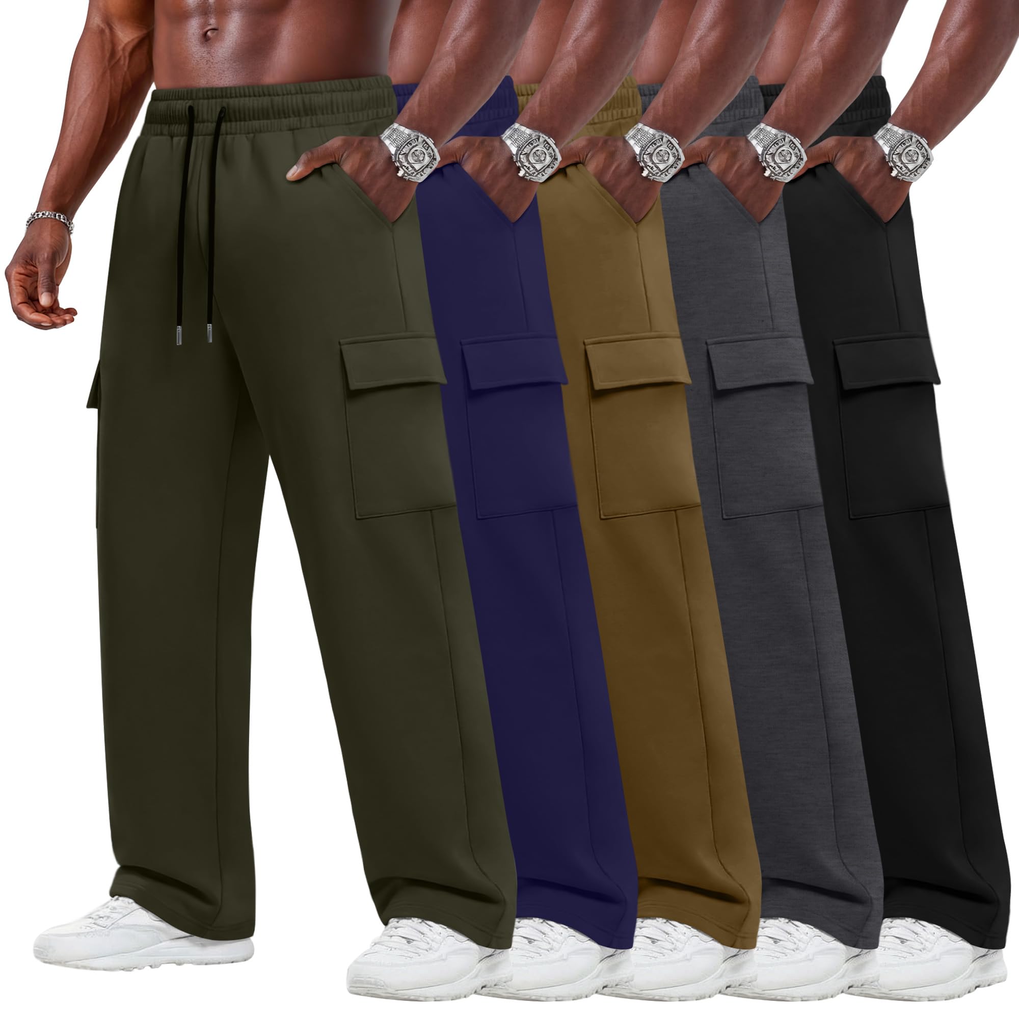 5 Pack Big and Tall Cargo Sweatpants for Men Baggy Wide Straight Leg Open Bottom Drawstring Pants with