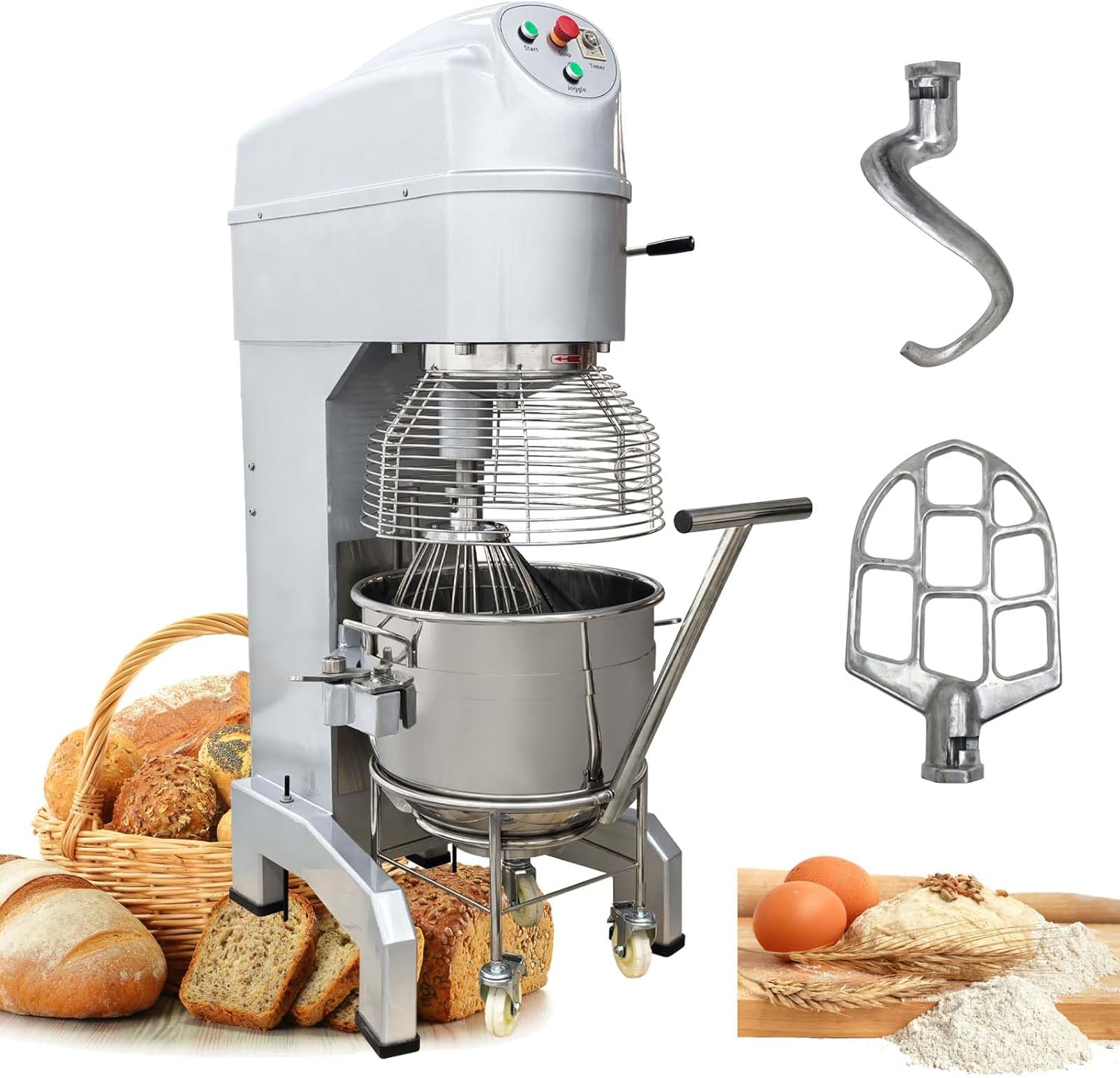 Commercial 60QT Stand Food Mixer with Trolley, 220V 3-Phase Industrial Multifunctional Mixing Machine for Bakery, 3 Adjustable Speed Dough Mixer with Stainless Steel Bowl, Hook, Beater & Whip