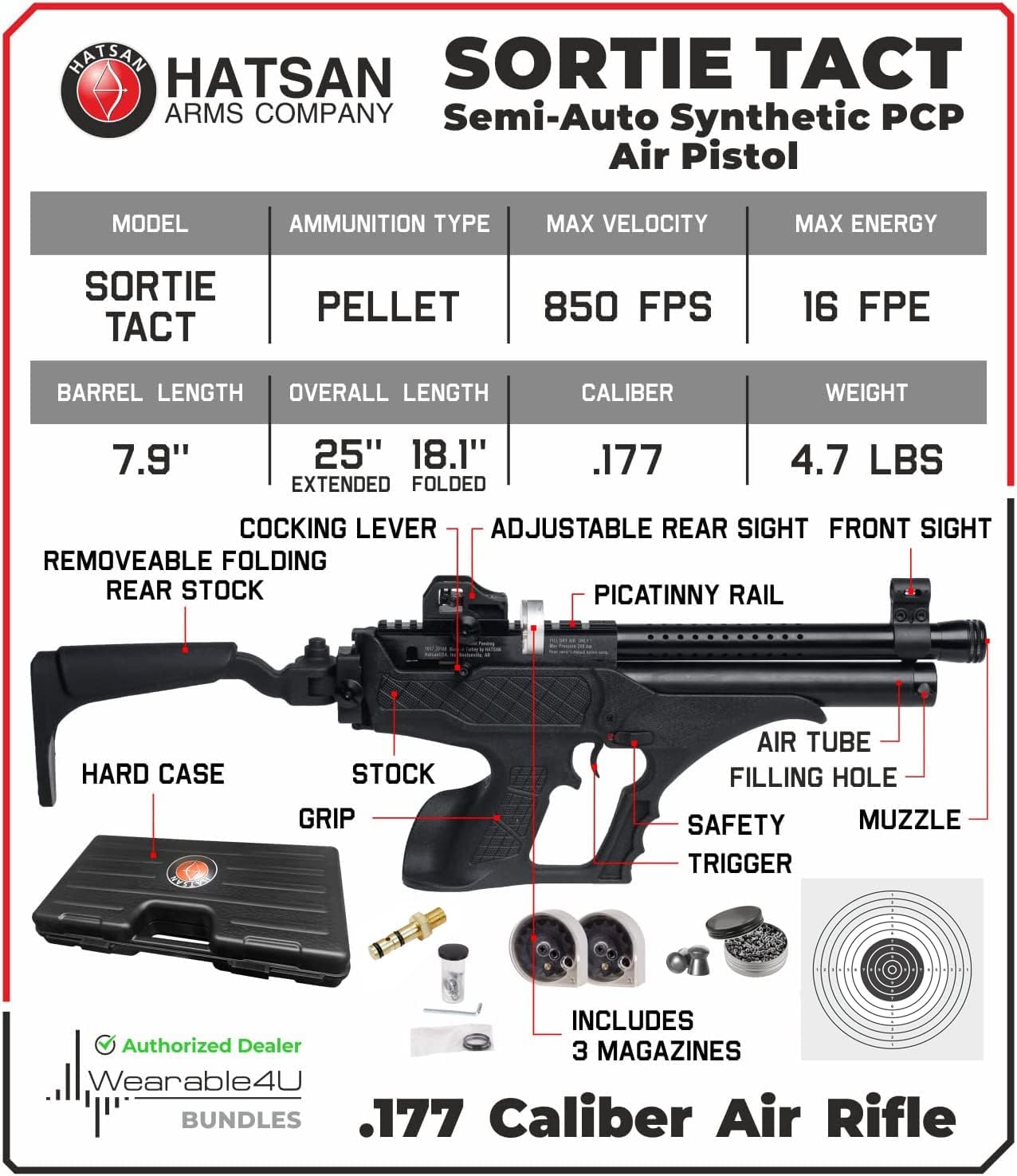 Hatsan Sortie Tact Semi-Auto PCP Synthetic Air Pistol with Wearable4U 100x Paper Targets and Lead Pellets Bundle