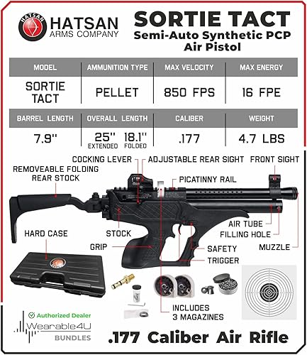 Miniatura 3 de Hatsan Sortie Tact Pistola de aire sintética PCP semiautomática con paquete de objetivos de papel Wearable4U 100x y pellets de plomo Pistola de aire