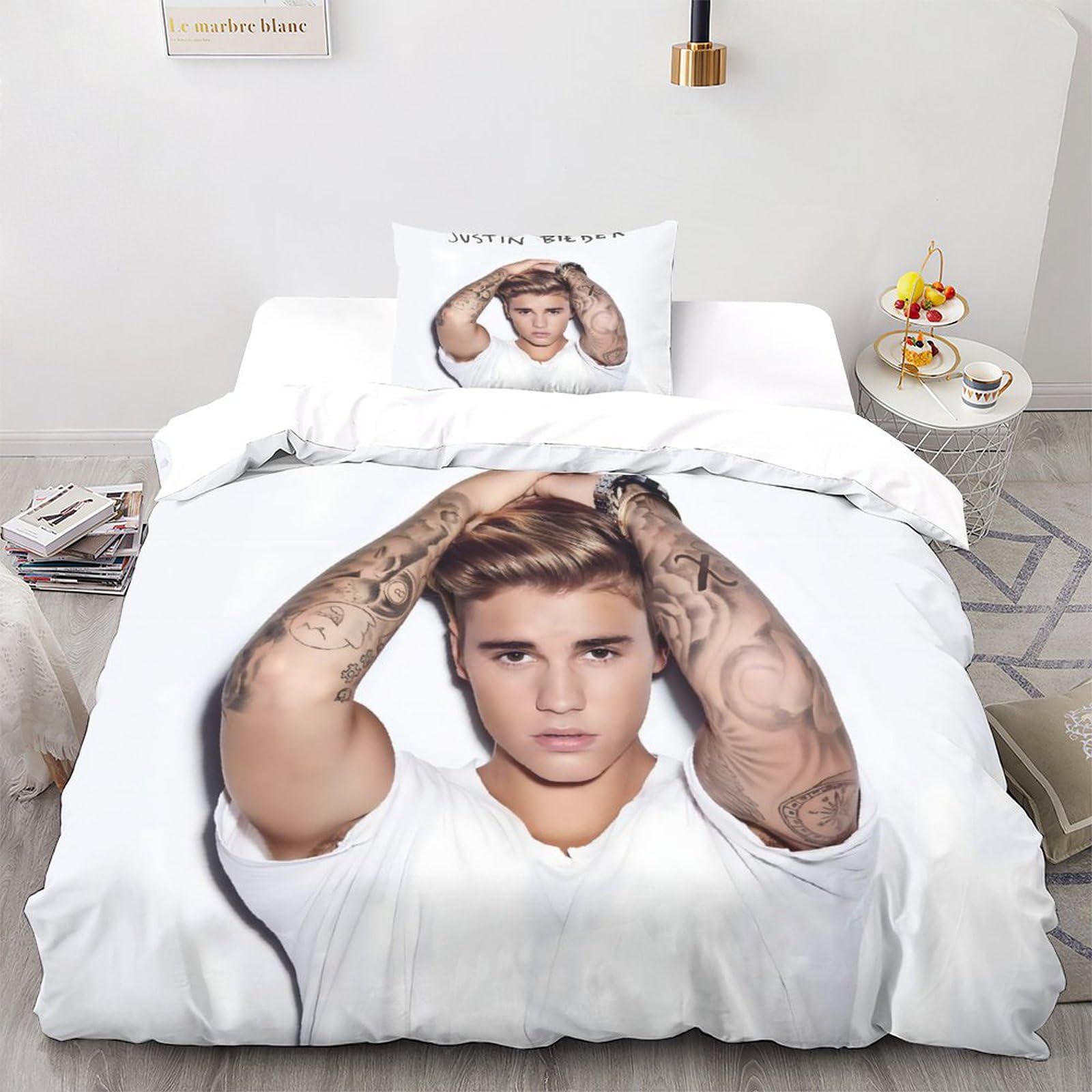 GIOSBR Justin Bieber Für Kinder Mädchen Jungen 3D Gedruckter Bettwäschegarnitur Bettbezug Set Bettwäsche Weich Microfaser Und Kissenbezüge Reissverschluss 2 Teilig Single（135x200cm） Küche, Haushalt & Wohnen
