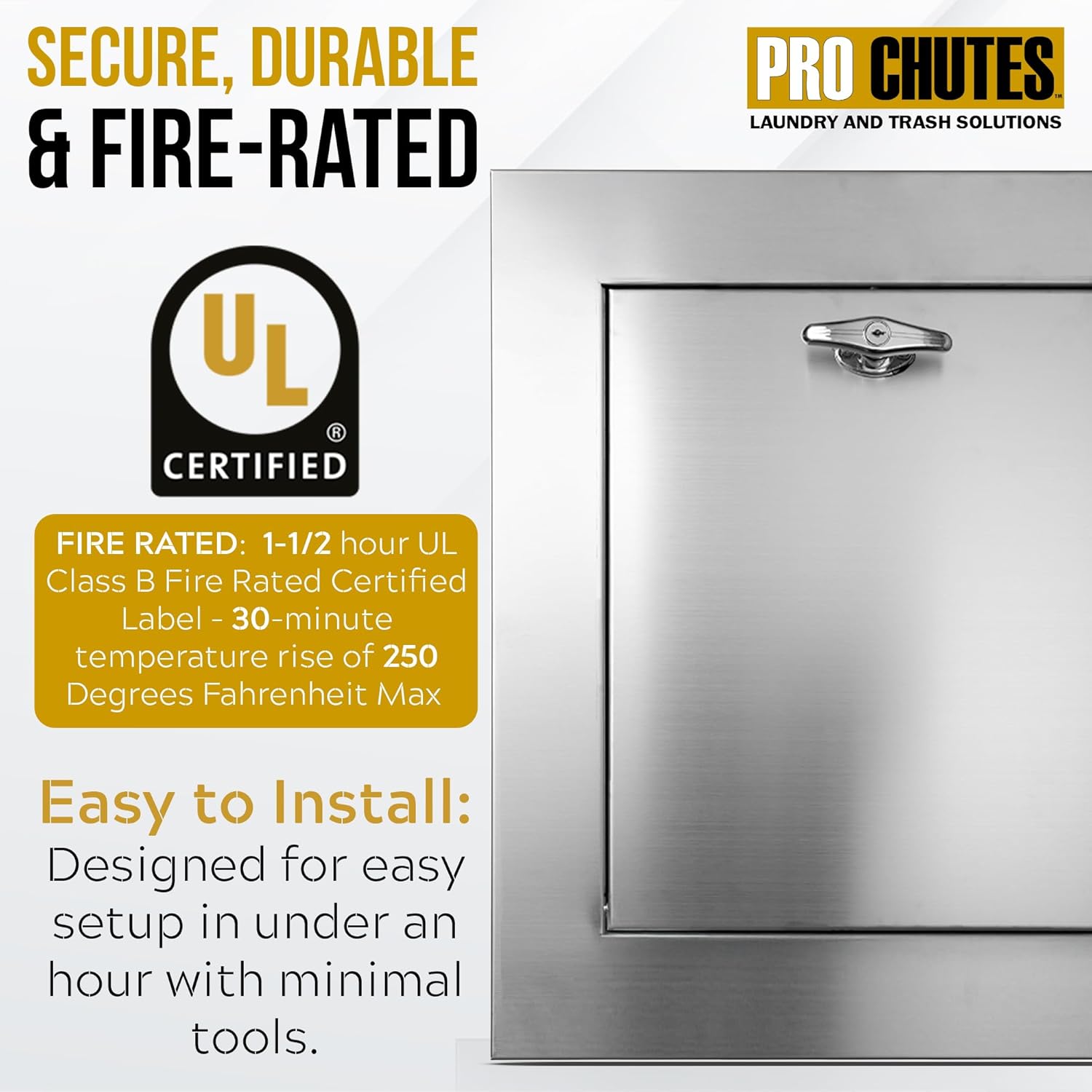 Universal 15” x 18” Trash Chute Door - 3" Trim - 100% Stainless Steel Bottom Hinged Doors, Fire-Rated, UL Approved, Self Closing, T Handle Lockable & Positive Latching. Laundry & Rubbish Solutions.