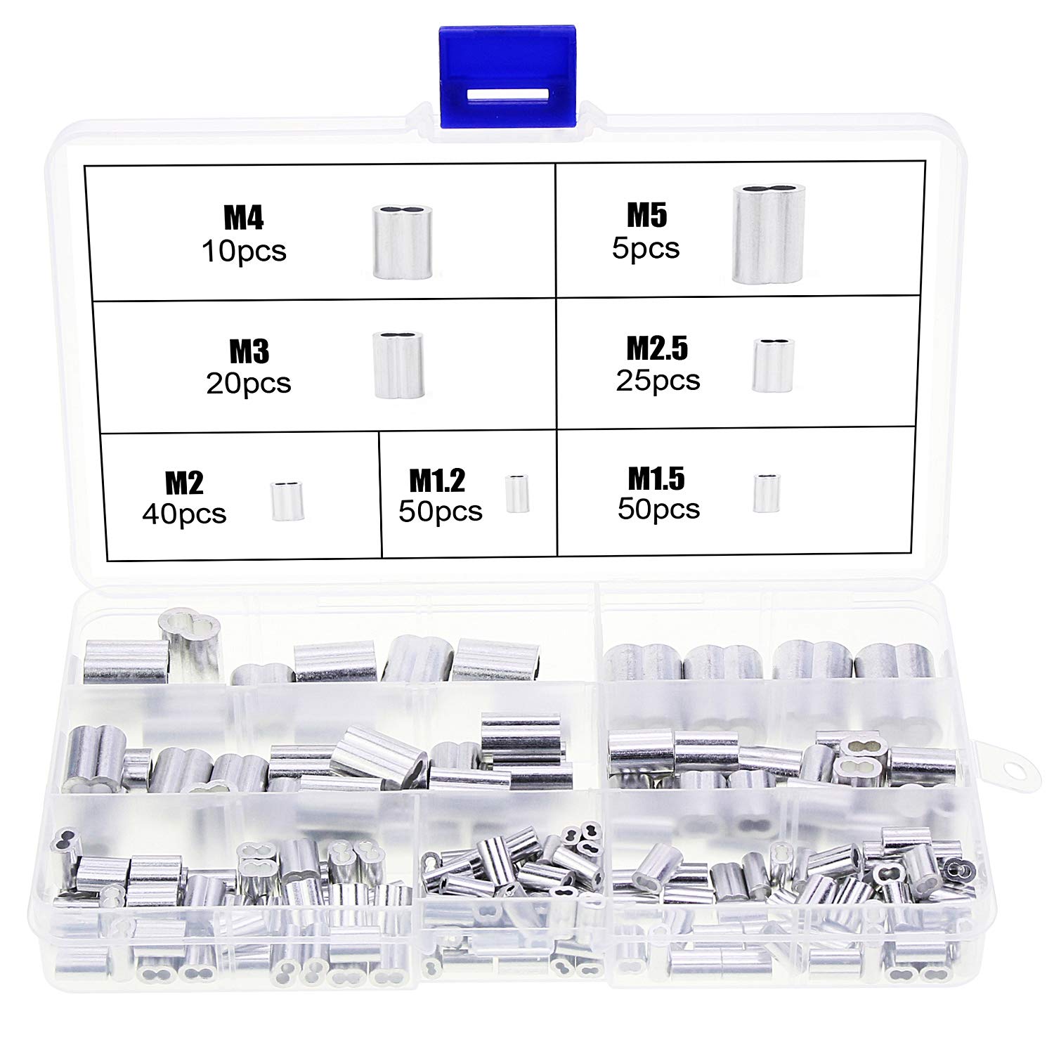WiMas 200PCS 7 Size Aluminum Double Barrel Ferrule Crimping Loop Sleeve Assortment Kit for Wire Rope and Cable