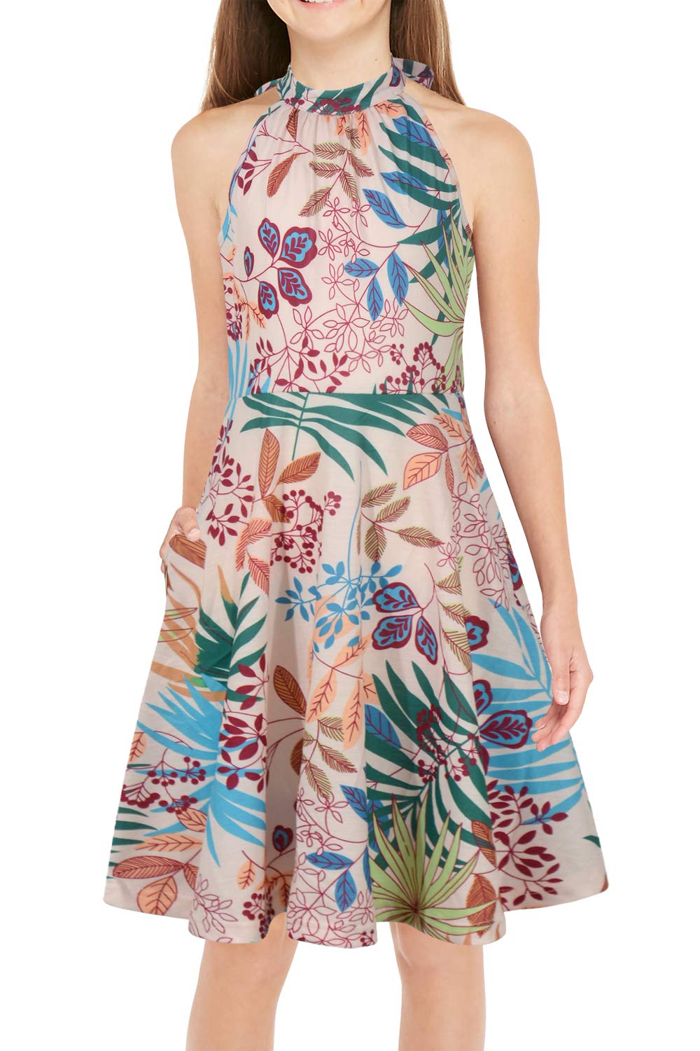 GORLYA Girl's Halter Neck Cold Shoulder Sleeveless Summer Casual Sundress A-line Dress with Pockets for 4-14T Kids