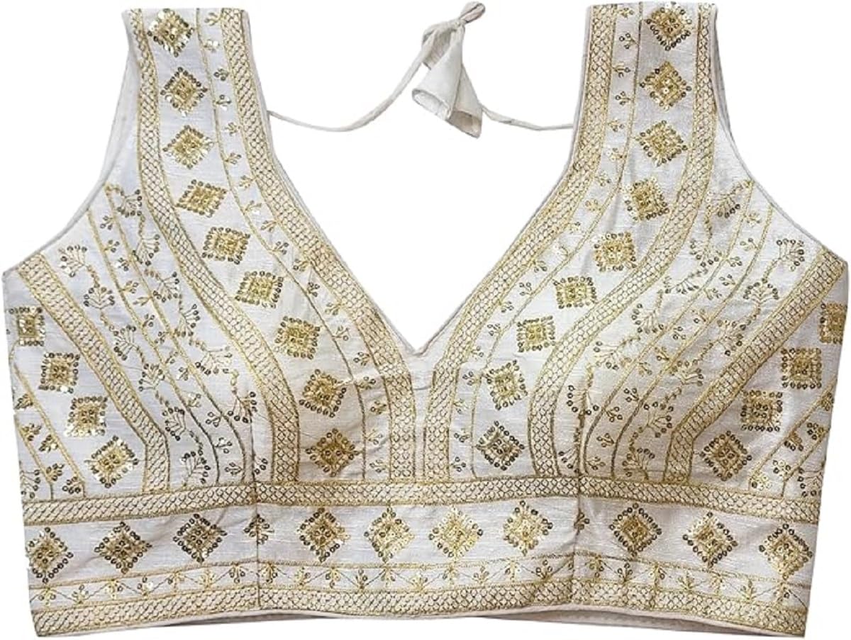 Mithila Root Women Embroidered Indian Readymade Blouse Padded White Crop Top Tussar Silk Choli Saree Blouse - X Large