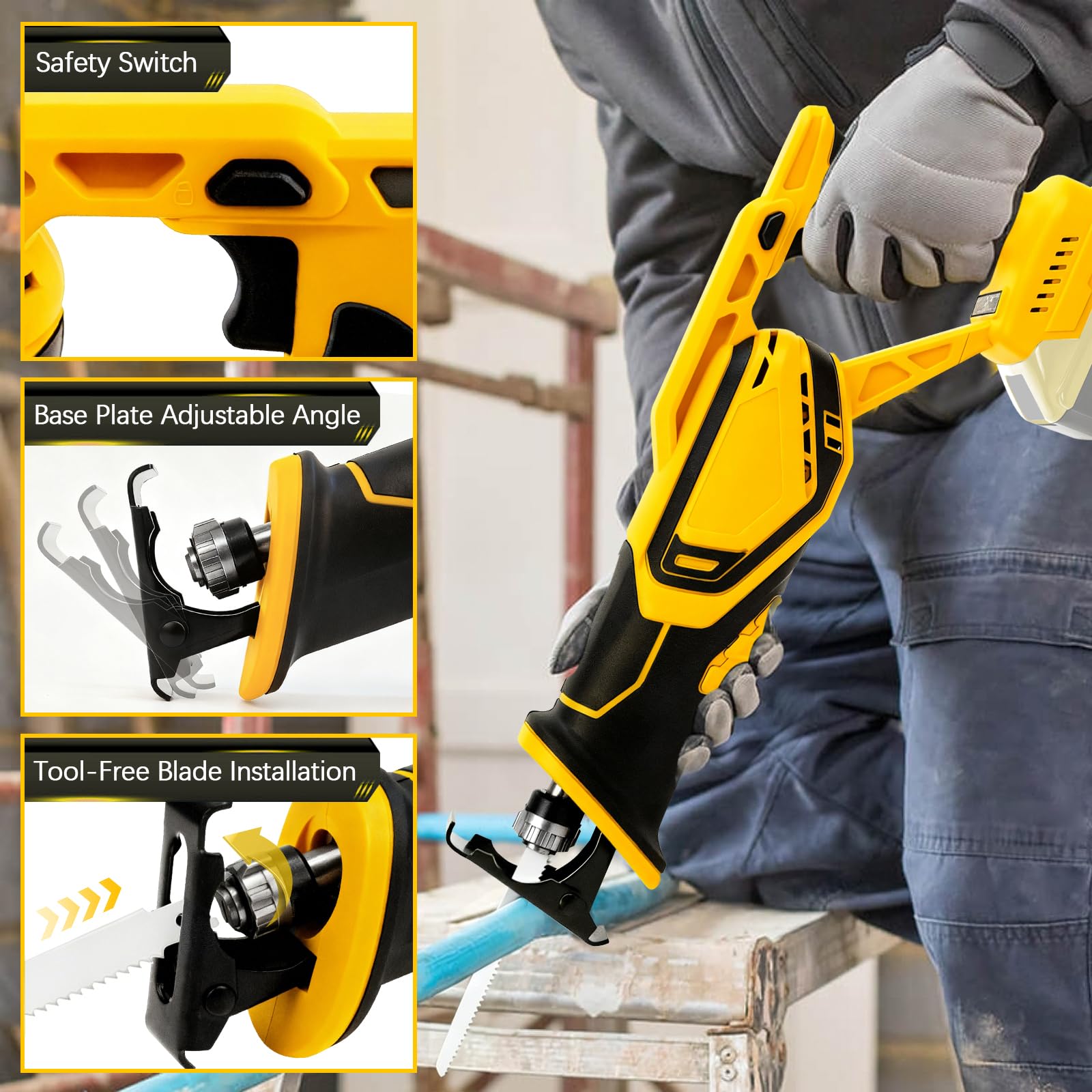 Sierra de sable inalámbrica compatible con batería Dewalt de 20 V | Para trabajos de sierra con madera/acero con 4 hojas de sierra sable, gafas y guantes (sin batería/sin cargador)