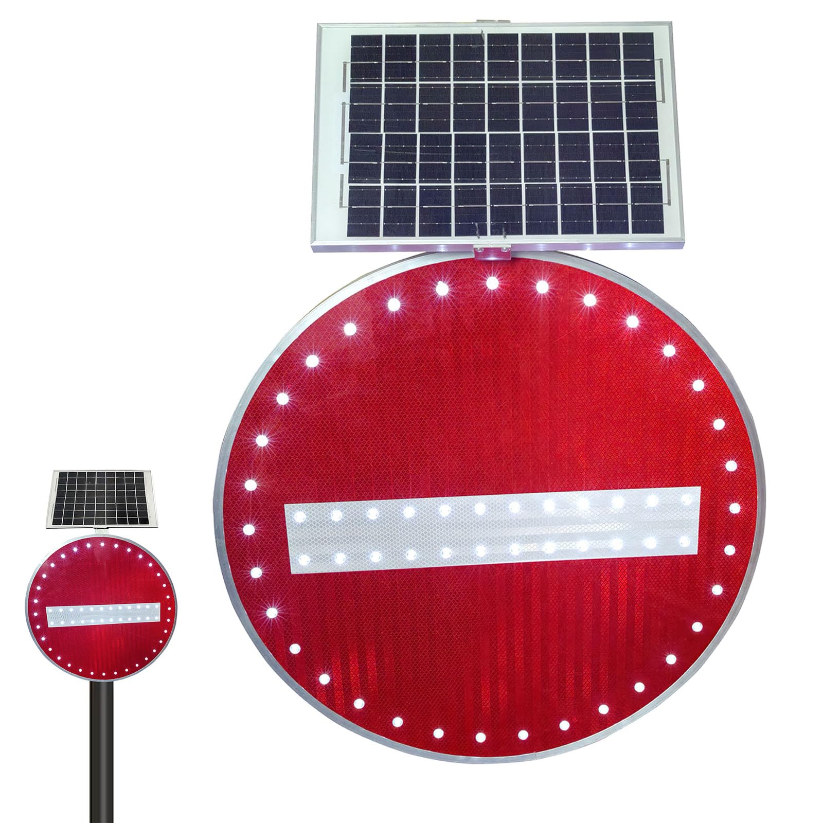 Señal luminosa intermitente de alta visibilidad de 60 cm/76 cm con la leyenda "Prohibido el paso", señal de carretera redonda reflectante de aluminio solar (Rojo, 60cm)