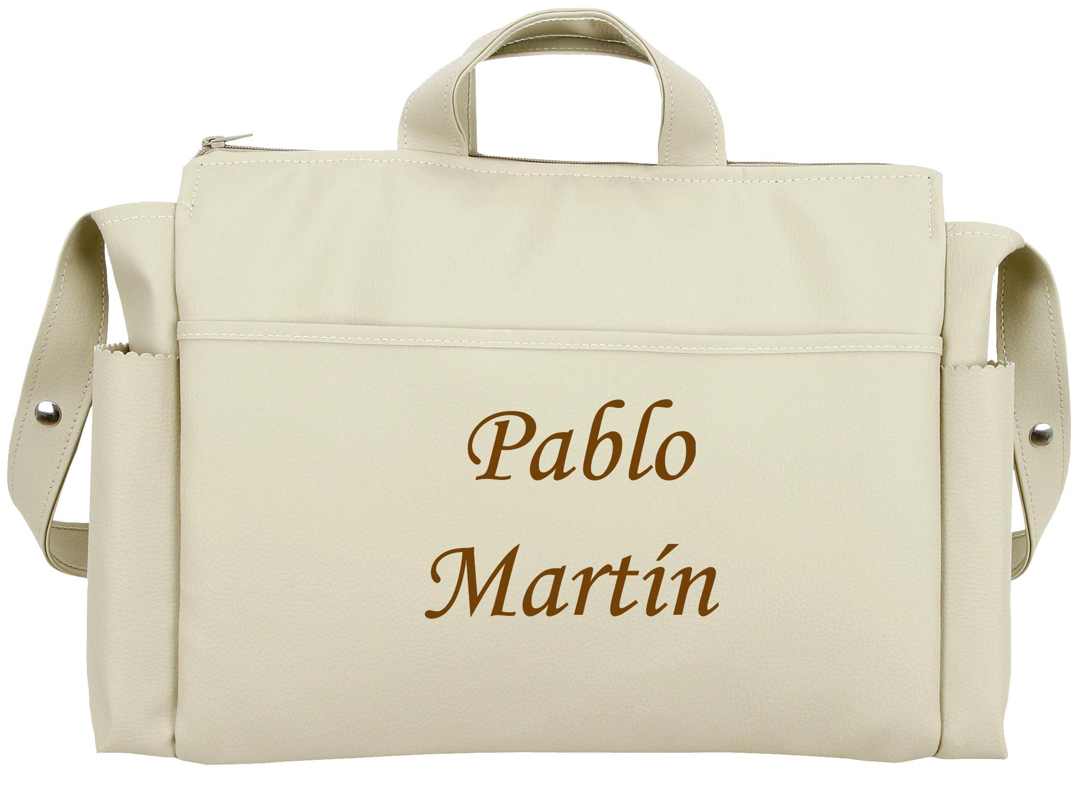 danielstore- Talega bolso Personalizado Bebe Carrito Gemelar bebe con nombres bordados. + Regalo de un pack con dos baberos (Talega camel)
