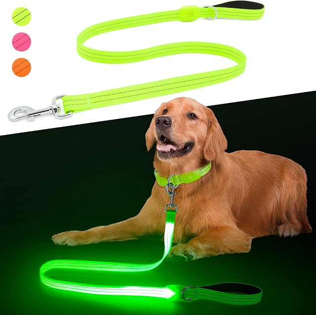 Led Dog Leash, 4 Ft Light Up Dog Leash Rechargeable Waterproof, Les laisses en nylon avec poignée rembourrée pour la marche nocturne, la sécurité Glow in The Dark Dog Laash pour les grands petits animaux moyens (vert)