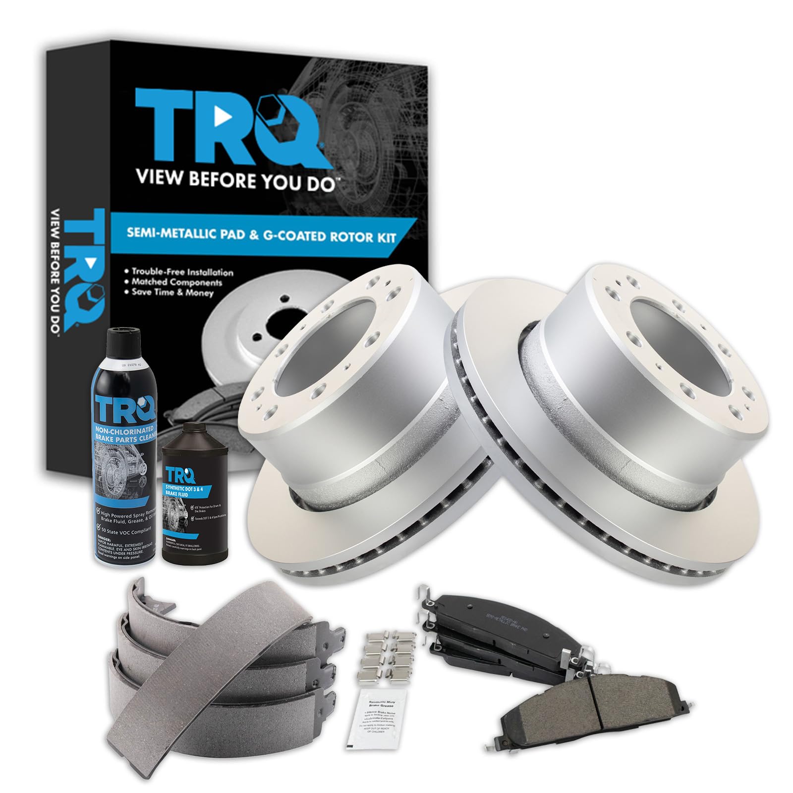 TRQ Rear Brake Pad &amp; Rotor Kit, with Chemical Kit Parking Brake Shoe Set Semi-Metallic Premium G-Coated Compatible with 2009-2010 Dodge Ram 2500, 3500 2011-2018 Ram 2500 3500