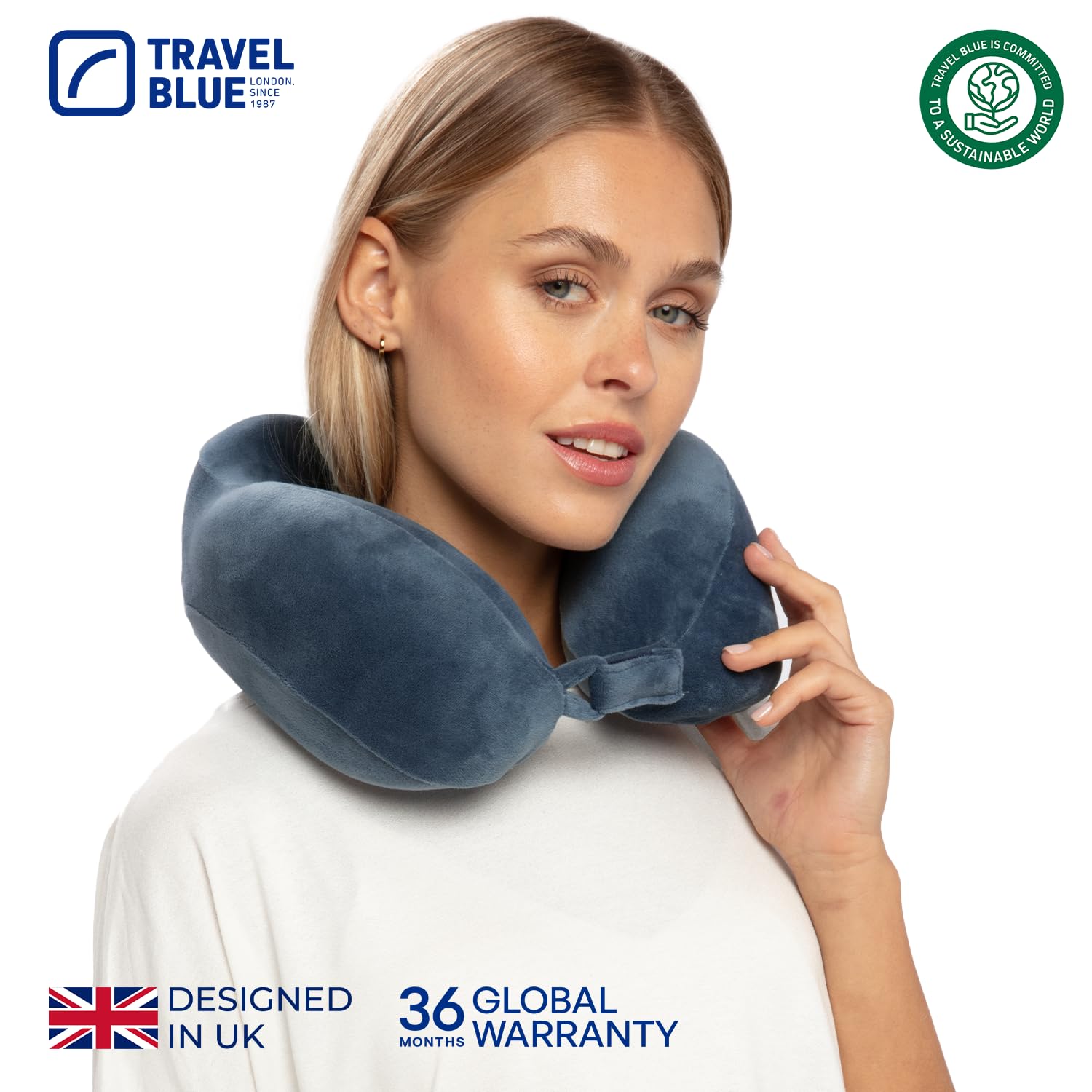Travel Blue Almohada Cojín de Viaje de Espuma Viscoelástica Tranquility - Almohada Cervicales y Cuello de Viaje, Ajuste Más Ancho, Espuma de Memoria de Alta Densidad, Soporte Ergonómico (Blue)