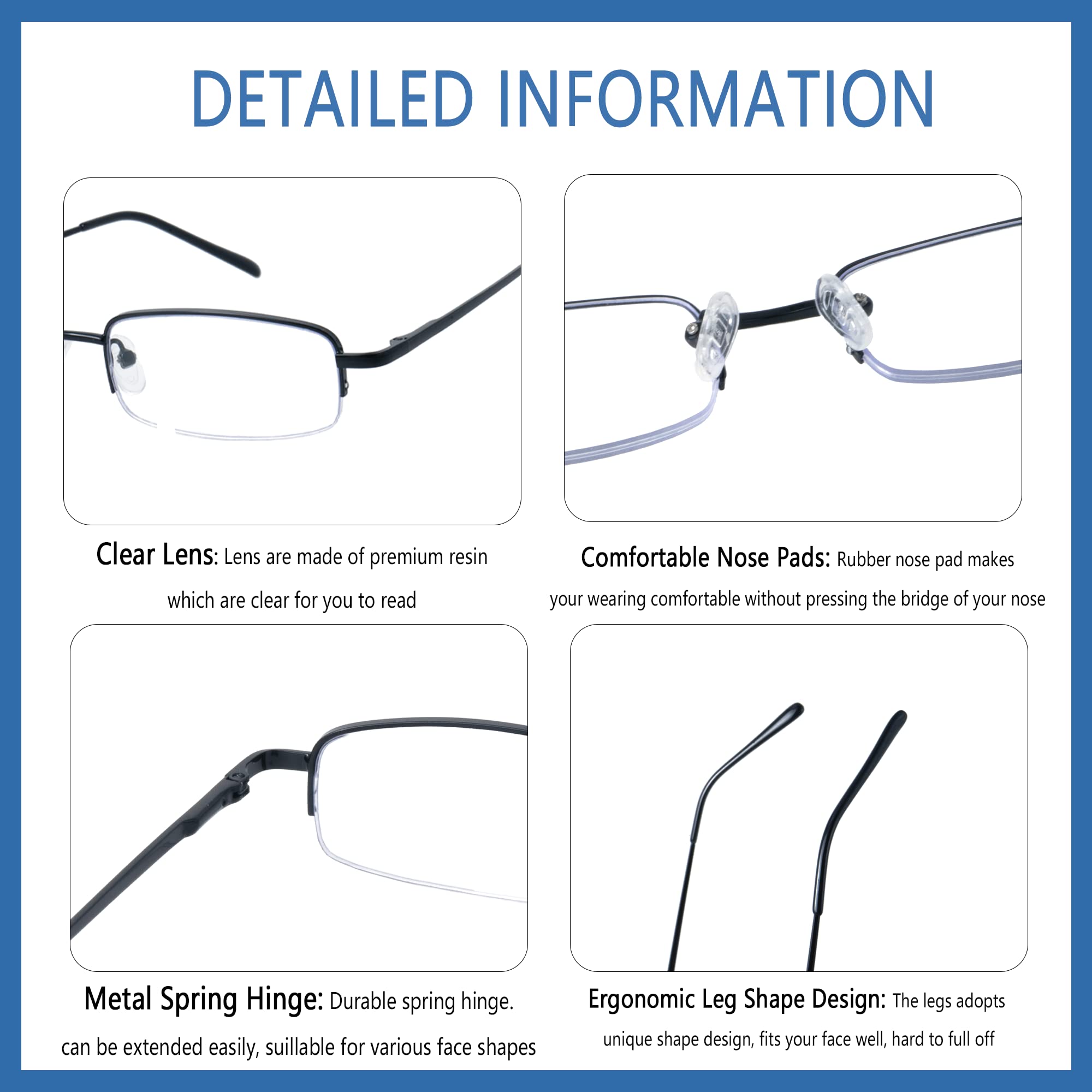4 x Lesebrille aus Metall, halber Rahmen, für Herren, Damen, blaues Licht, blockierende Augen mit Federringen