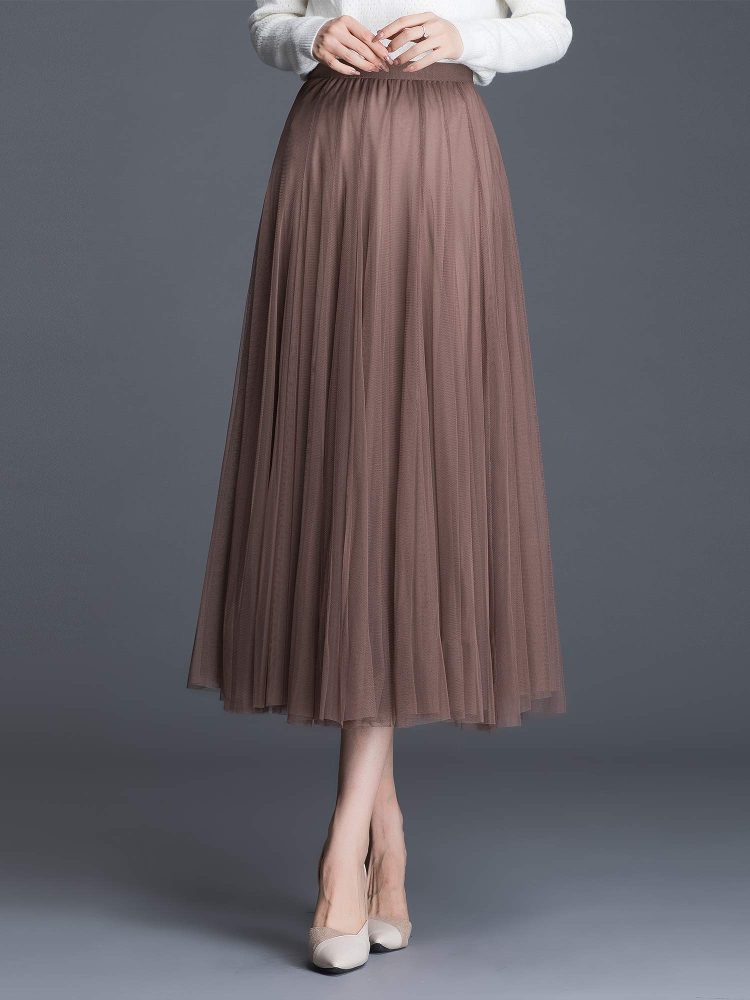 Donna Tulle Midi Gonna Plissettata Elastico Alta Vita Elegante per Festa Matrimoni