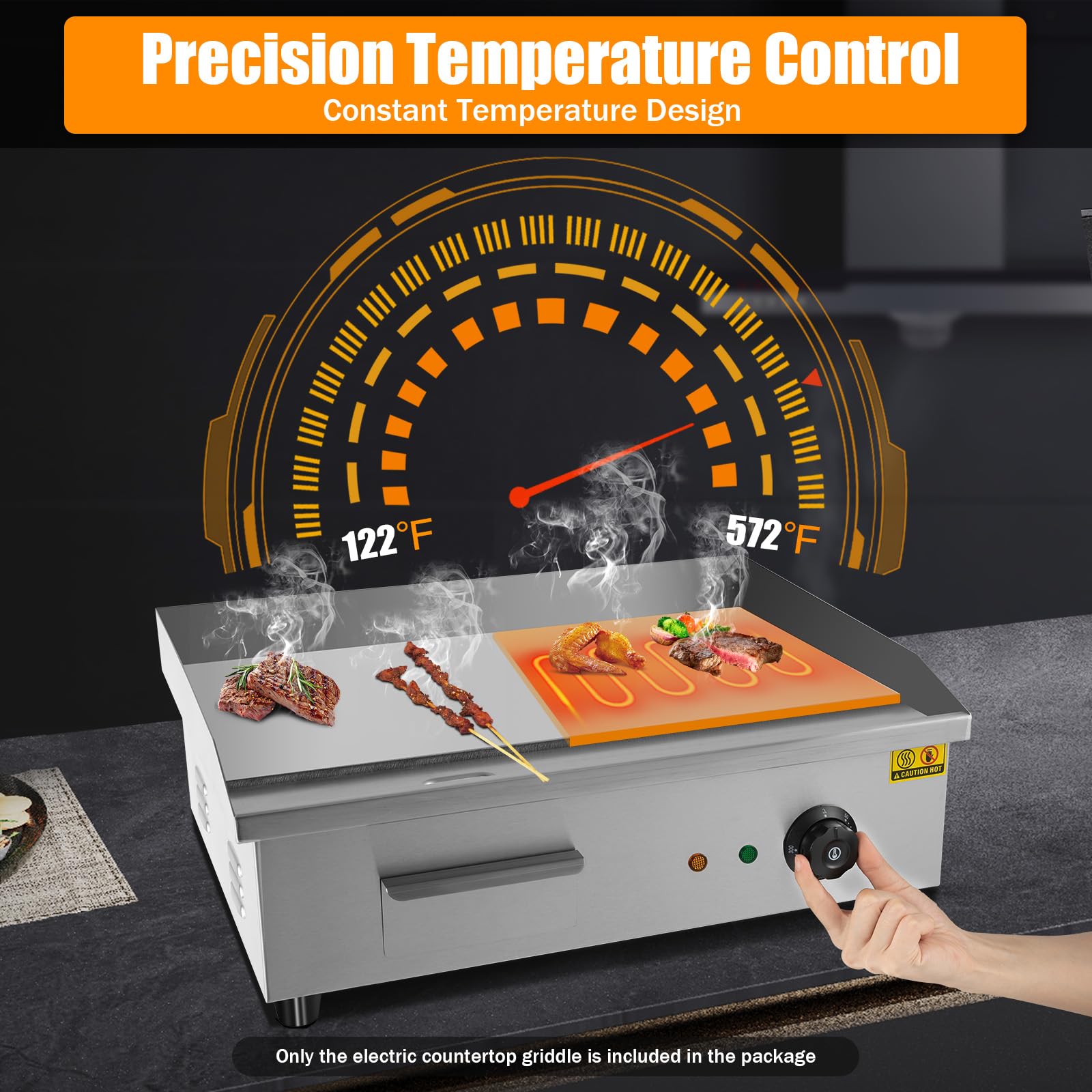 SNKOURIN Electric Countertop Griddle, 3000W 110V Teppanyaki Commercial Electric Griddle, Stainless Steel Flat Top Grill Adjustable Temperature Control 122?-572? for Home or Restaurant Use