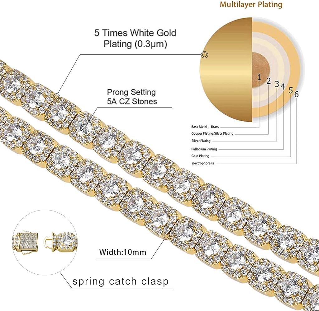 JINAO 10mm Gold Jumbo Tennis Necklace 18k Gold Plated Iced Out