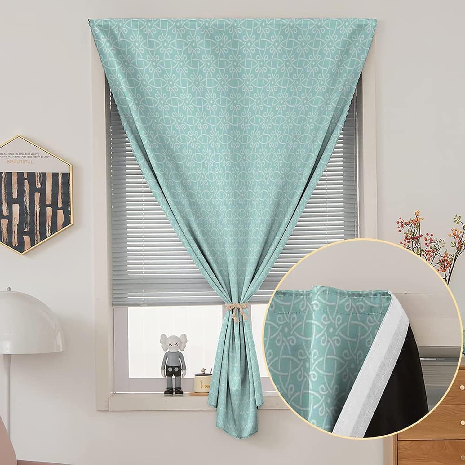 XISUNYA Travel Windows Blackout Curtain, Celtic Curtain Shades, Aqua Celtic Style Twisted Crossed Repeating Circle Figures Print Adjustable Temporary Blackout Shades,47W x54L Inch
