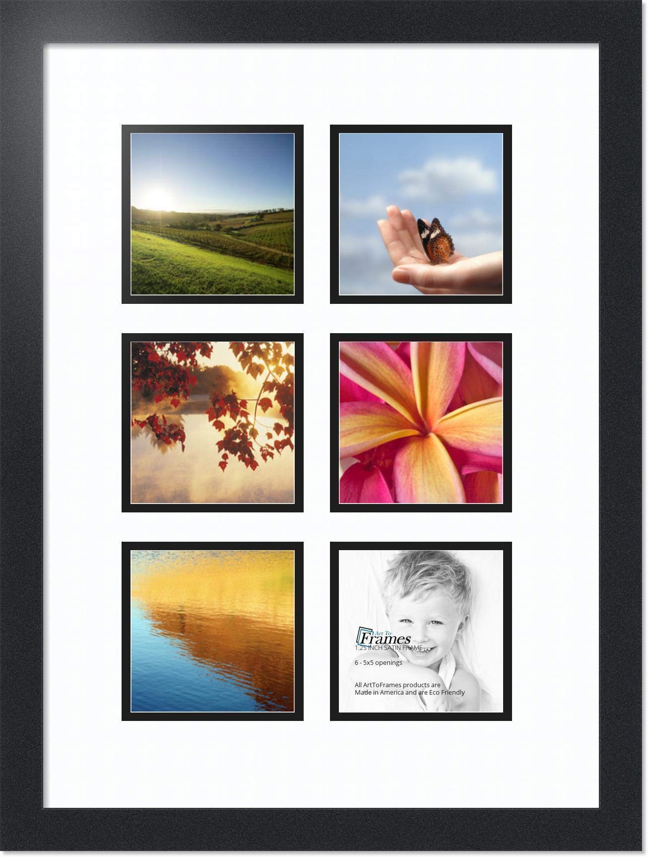 ArtToFrames Double-Multimat-1100-61/89-FRBW26079 Collage Photo Frame Double Mat with 6-5x5 Openings and Satin Black Frame, Super White, 6-5x5