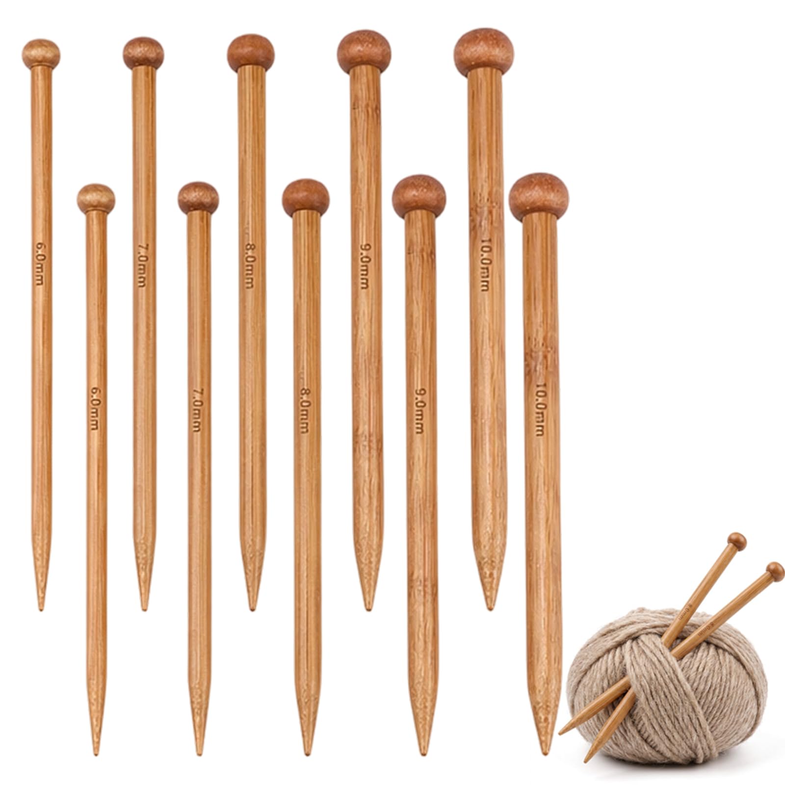 Bamboo Knitting Needles Set, 10 Pairs Long Wooden Knitting Needles