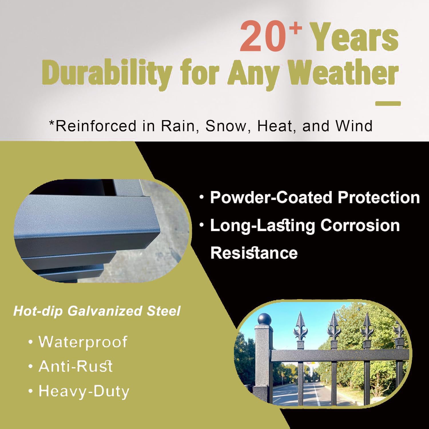 20x7 FT Double Swing Iron Driveway Gate, Galvanized Steel Bi-Parting Gate with Powder Coated Finish, Heavy Duty Metal Entrance Gate for Home, Ranch & Commercial Use, Opener Compatible