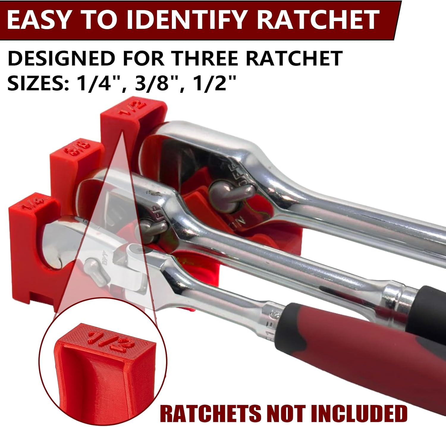 Magnetic Ratchet Organizer 3-Piece Set (1/4", 3/8", 1/2") – Magnetic Ratchet Holder, Strong Magnets & Interlocking Design, for Garage, Workshop (Red)