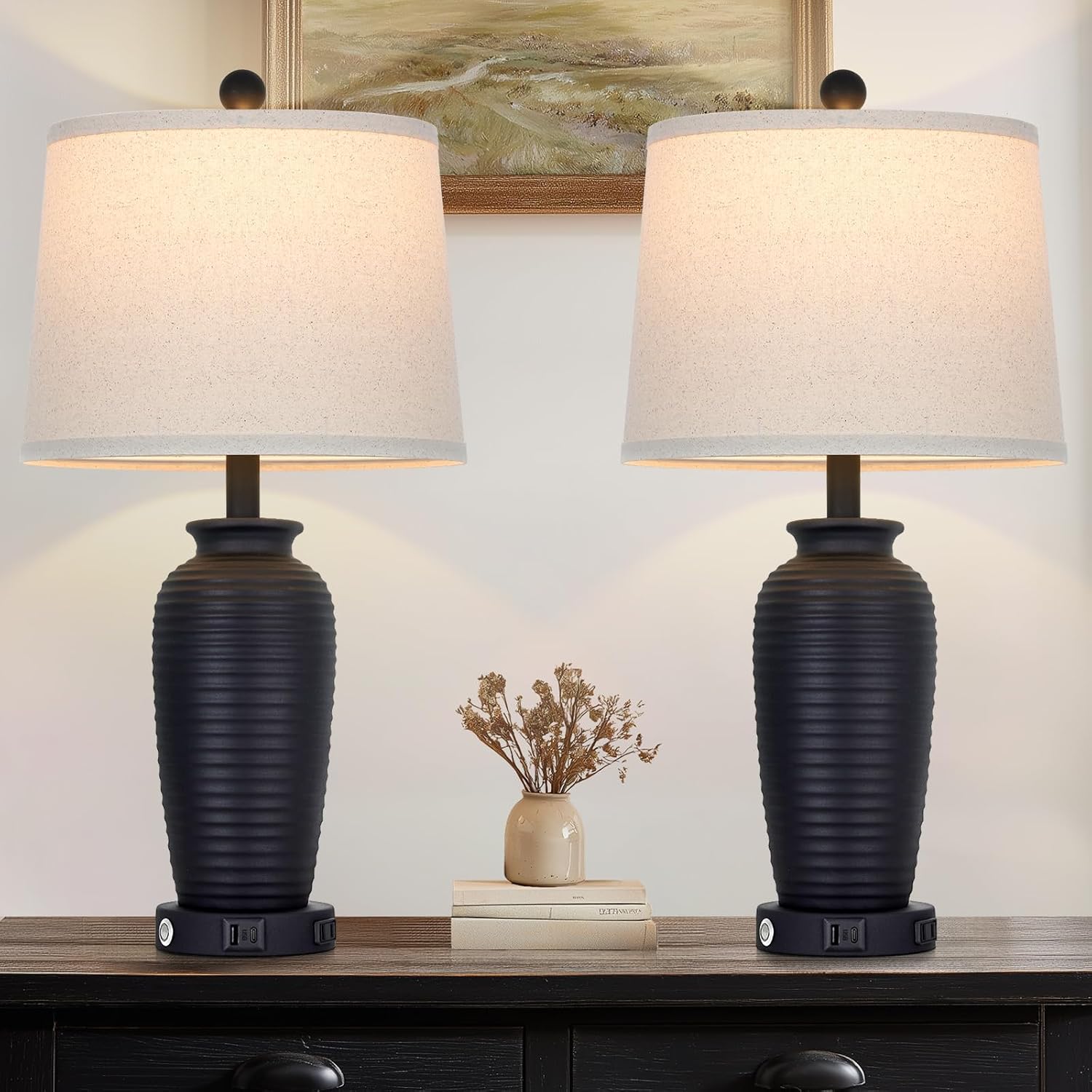 CINSARY 25" Retro Black Farmhouse Jar Table Lamps Set of 2, 3 Way Touch Control Rustic Bedside Lamps with USB A+C Ports & AC Outlet, Pot Nightstand Lamps for Bedroom Living Room (LED Bulbs Included)