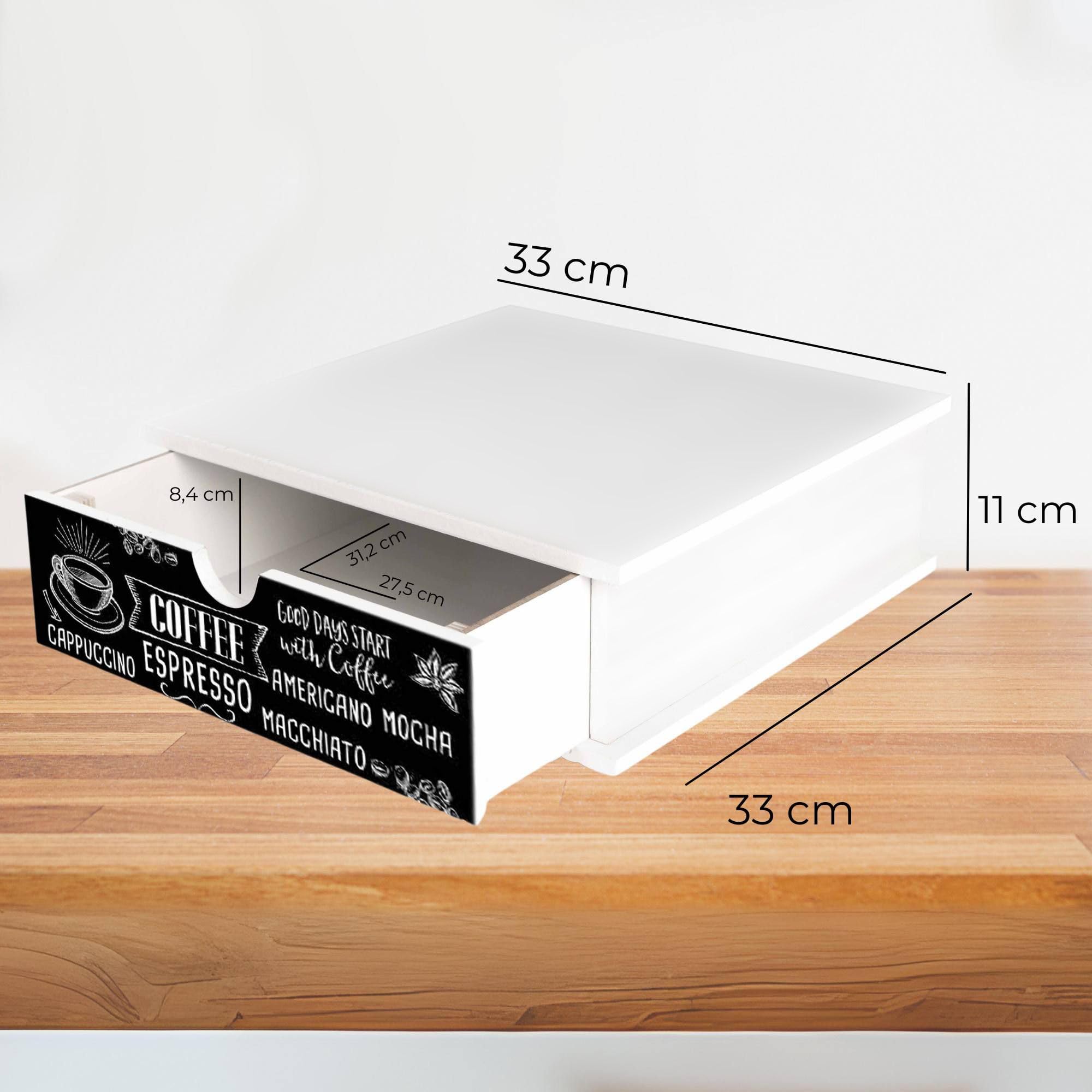 Lupia - Organizador de Cápsulas de Café en Madera, Cajón Extraíble, Organizer BLACKBOARD COFFEE Compatible con Marcas Principales, Ideal para Cocina y Oficina, Diseño Moderno en Blanco, 33x33x11 cm