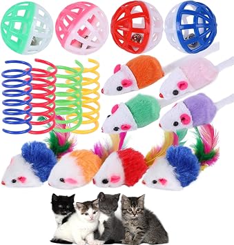 PLUSHCEWT 16 Pcs Cat Mice Toys,Cat Mouse Toys for Indoor,Wee Kitten Mice Rattle,Interactive Cat Toy,Cat Toy Ball with Bell,Cat Pom Poms,Spring Kitten Toys Playing Chewing Teeth Cleaning Realistic Toy