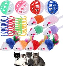 PLUSHCEWT 16 Pcs Cat Mice Toys,Cat Mouse Toys for Indoor,Wee Kitten Mice Rattle,Interactive Cat Toy,Cat Toy Ball with Bell,Cat Pom Poms,Spring Kitten Toys Playing Chewing Teeth Cleaning Realistic Toy