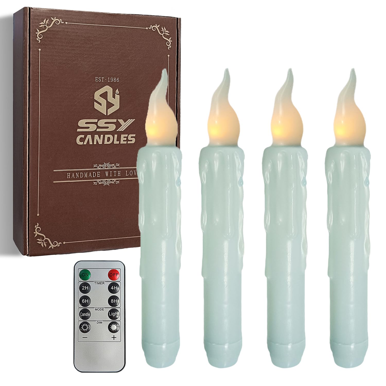 Blue Flameless Short Taper Candles, Real Wax Hand Dipped LED Battery Operated with Remote, Flickering Flame Lights for Festival Party Home Décor, 6.7 Inch Primitive Flameless Candles, 4PCS