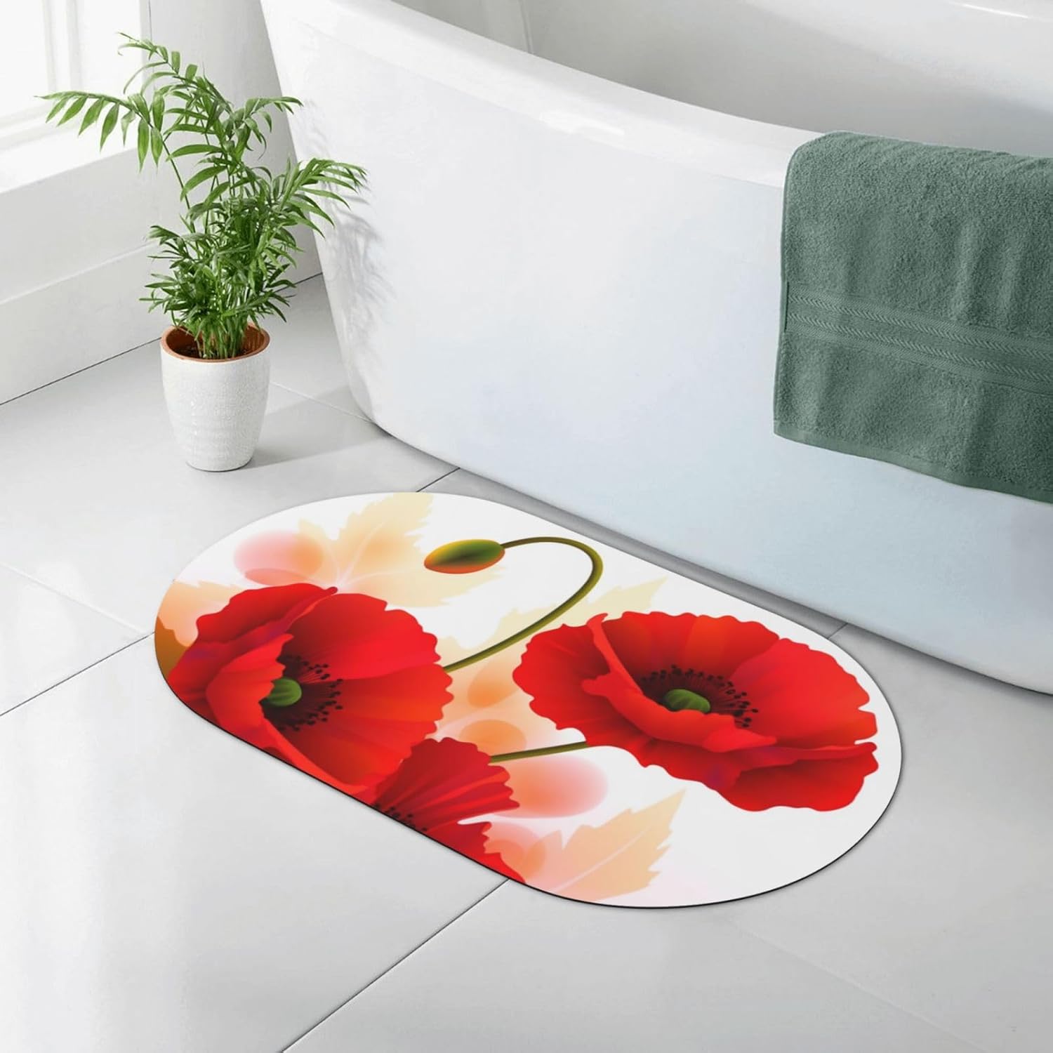 Stone Bath Mats Poppy Flowers Vivid Petals Diatomaceous Earth Bath Mat Super Absorbent Bathroom Floor Mat Quick Drying Diatomite Shower Mat for Shower Bathtub Bathroom Accessory 19.7x31.5in